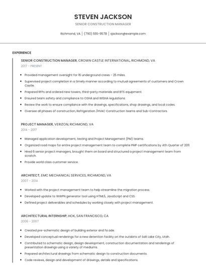 Senior Construction Manager Resume