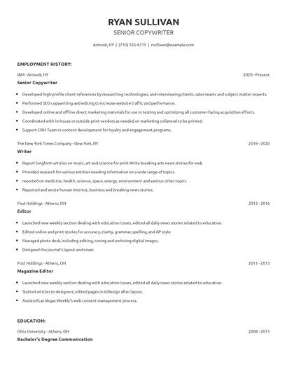 Senior Copywriter Resume