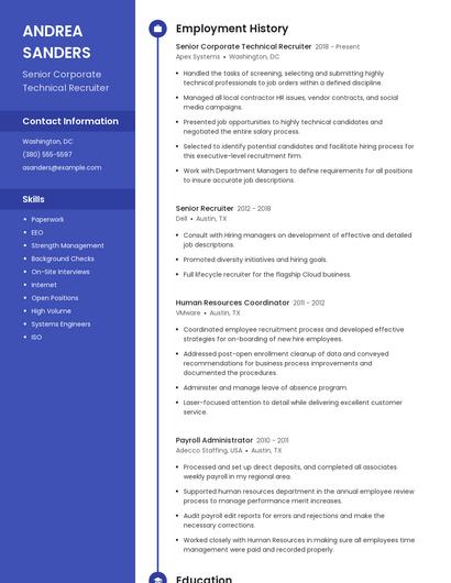 Senior Corporate Technical Recruiter Resume