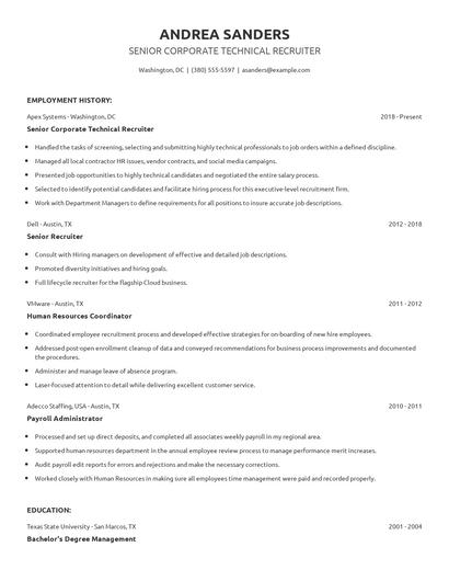 Senior Corporate Technical Recruiter Resume