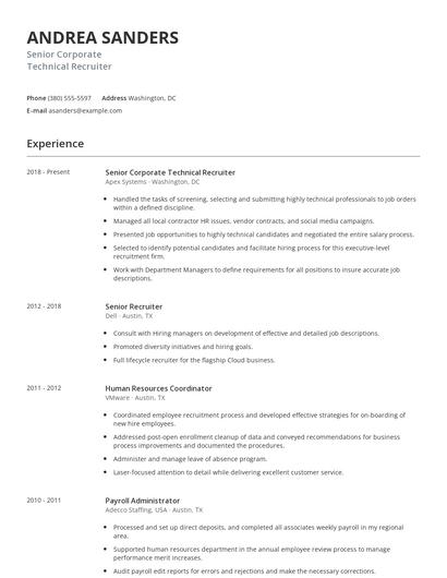 Senior Corporate Technical Recruiter Resume