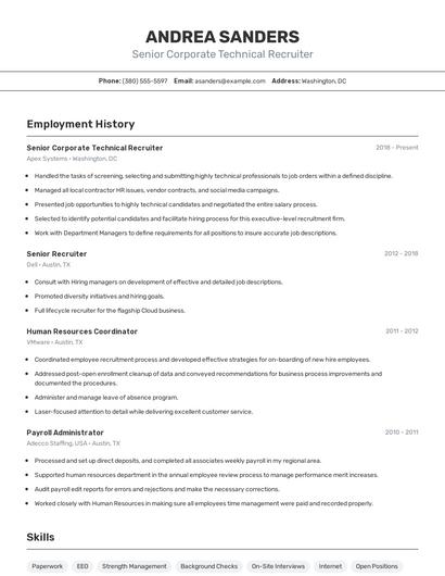 Senior Corporate Technical Recruiter Resume