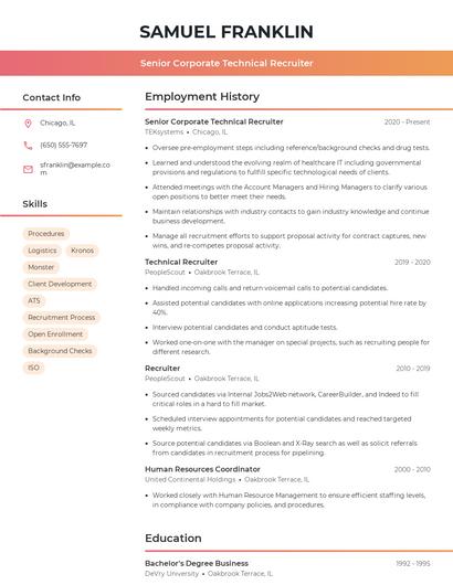 Senior Corporate Technical Recruiter Resume