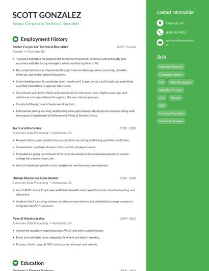 Senior Corporate Technical Recruiter Resume