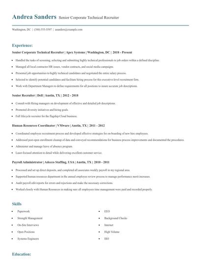 Senior Corporate Technical Recruiter Resume