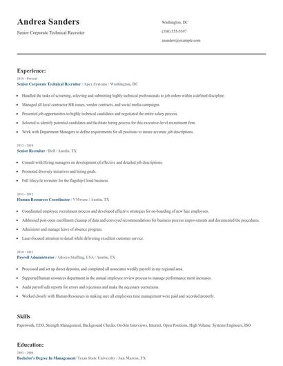 Senior Corporate Technical Recruiter Resume