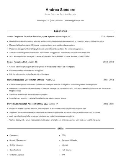 Senior Corporate Technical Recruiter Resume