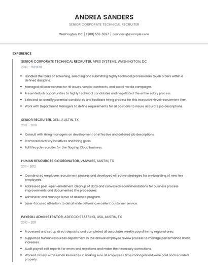 Senior Corporate Technical Recruiter Resume