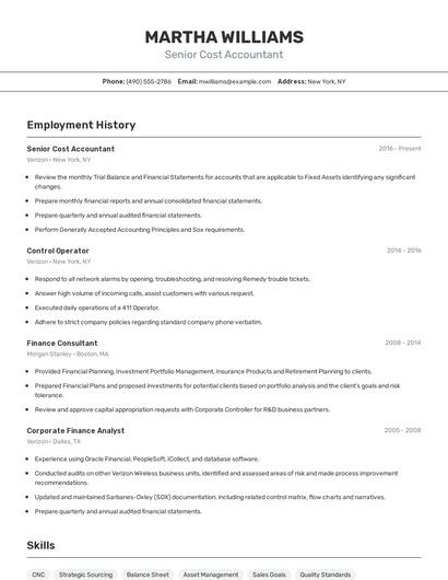 Senior Cost Accountant Resume