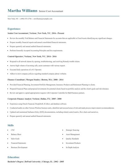 Senior Cost Accountant Resume