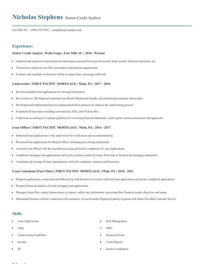 Senior Credit Analyst Resume