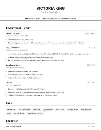 Senior Custodian Resume
