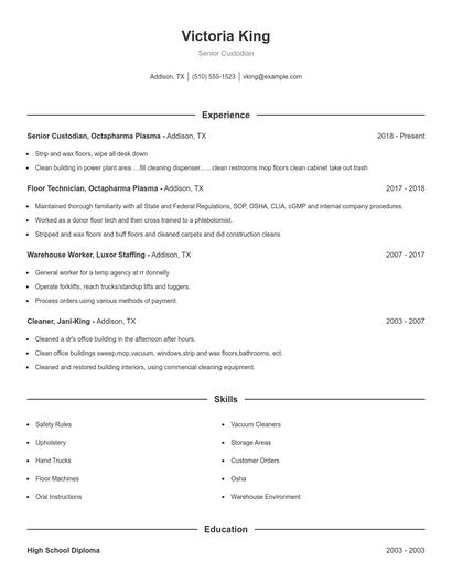 Senior Custodian Resume