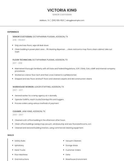 Senior Custodian Resume
