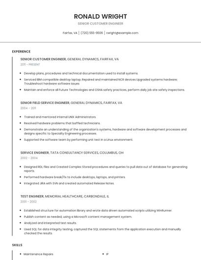 Senior Customer Engineer Resume