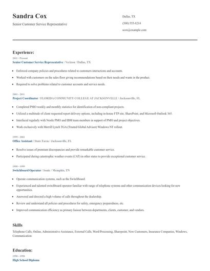 Senior Customer Service Representative Resume