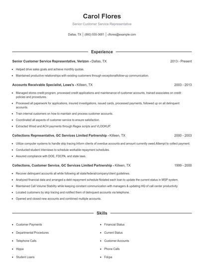 Senior Customer Service Representative Resume