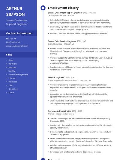 Senior Customer Support Engineer Resume