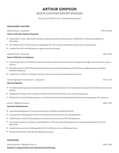 Senior Customer Support Engineer Resume
