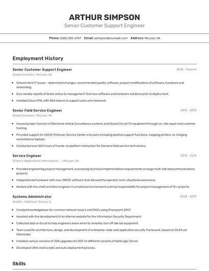 Senior Customer Support Engineer Resume