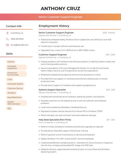 Senior Customer Support Engineer Resume