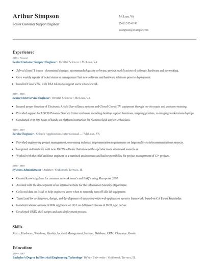 Senior Customer Support Engineer Resume