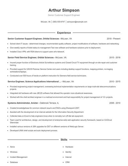 Senior Customer Support Engineer Resume