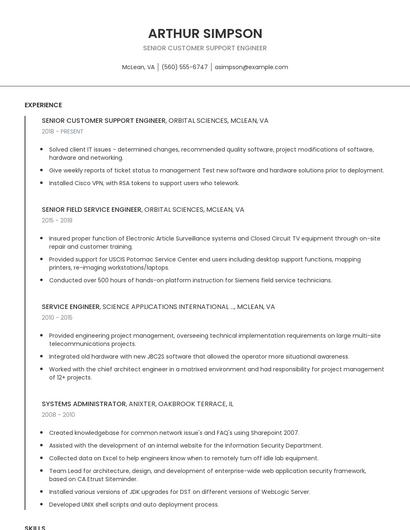 Senior Customer Support Engineer Resume