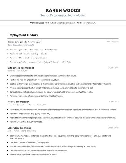 Senior Cytogenetic Technologist Resume