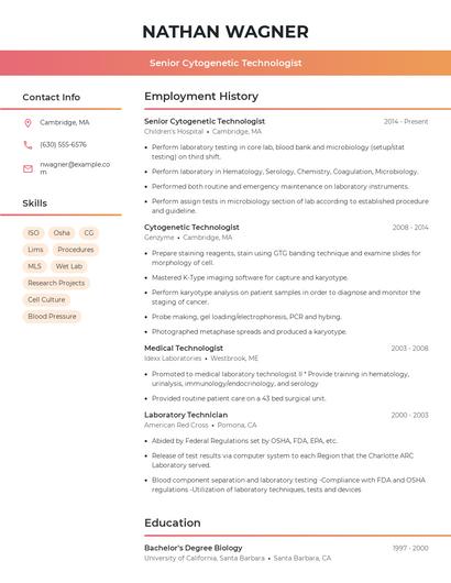 Senior Cytogenetic Technologist Resume