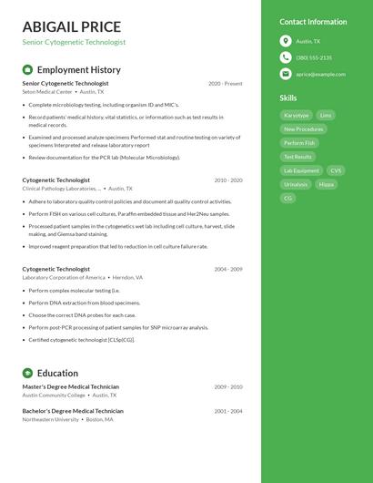 Senior Cytogenetic Technologist Resume