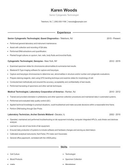 Senior Cytogenetic Technologist Resume