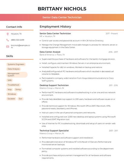 Senior Data Center Technician Resume