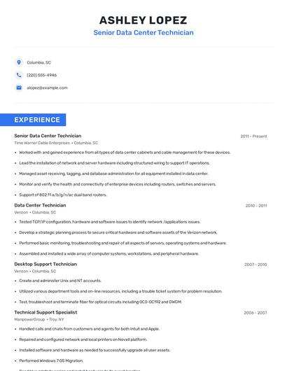 Senior Data Center Technician Resume