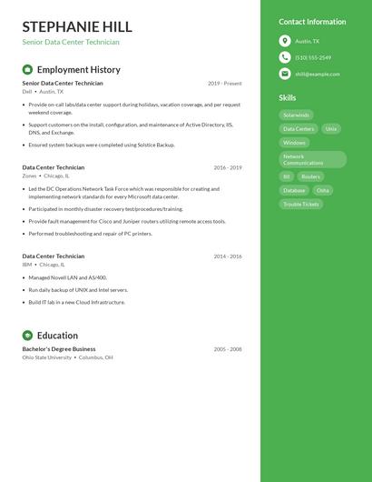 Senior Data Center Technician Resume