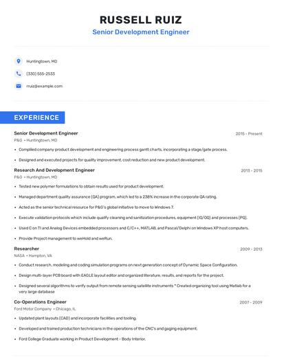 Senior Development Engineer Resume