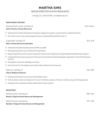Senior Director Human Resources Resume