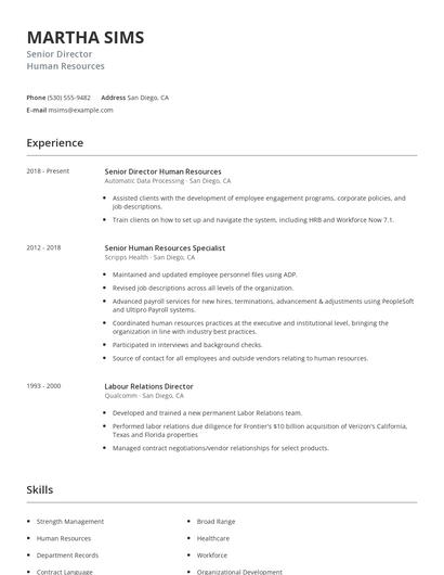 Senior Director Human Resources Resume