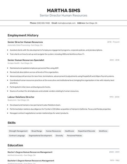 Senior Director Human Resources Resume