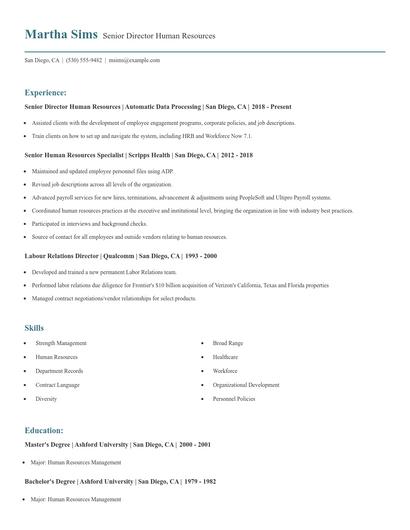 Senior Director Human Resources Resume