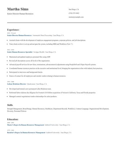 Senior Director Human Resources Resume