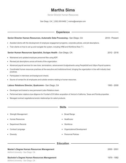 Senior Director Human Resources Resume