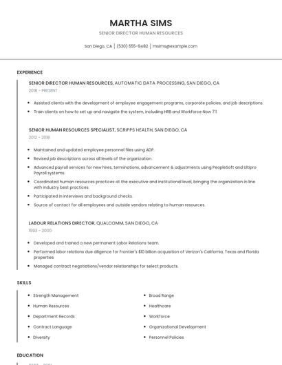 Senior Director Human Resources Resume