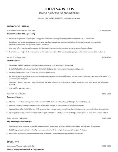Senior Director Of Engineering Resume