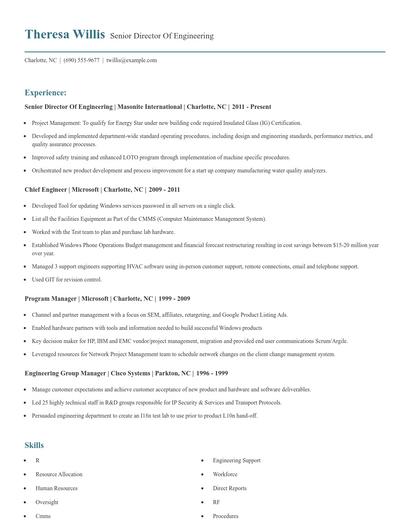 Senior Director Of Engineering Resume