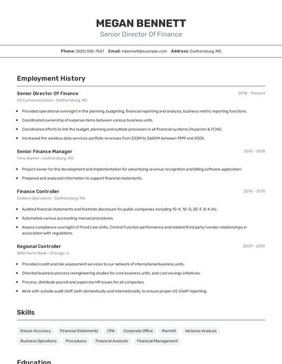 Senior Director Of Finance Resume