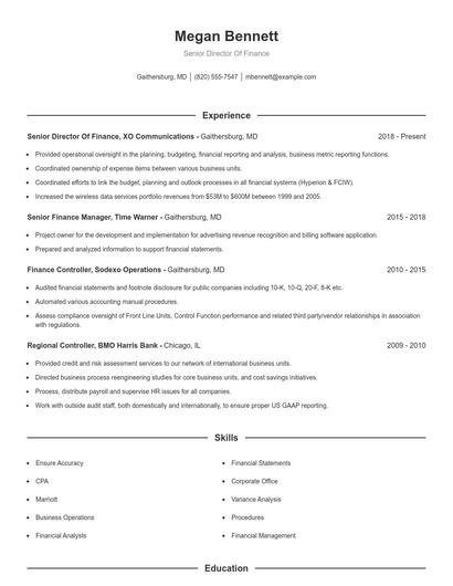 Senior Director Of Finance Resume