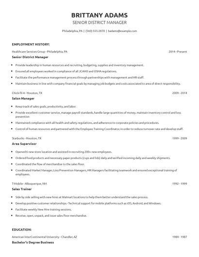 Senior District Manager Resume