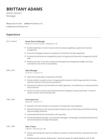 Senior District Manager Resume