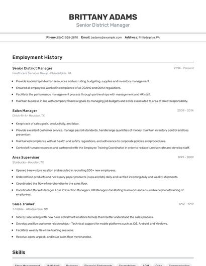 Senior District Manager Resume